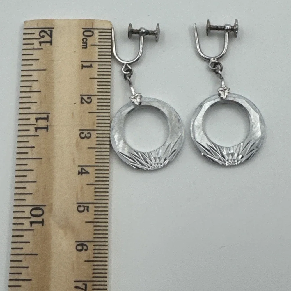 VINTAGE STERLING SILVER ROUND HOOP‎ EARRINGS ETCHED DANGLE DROP